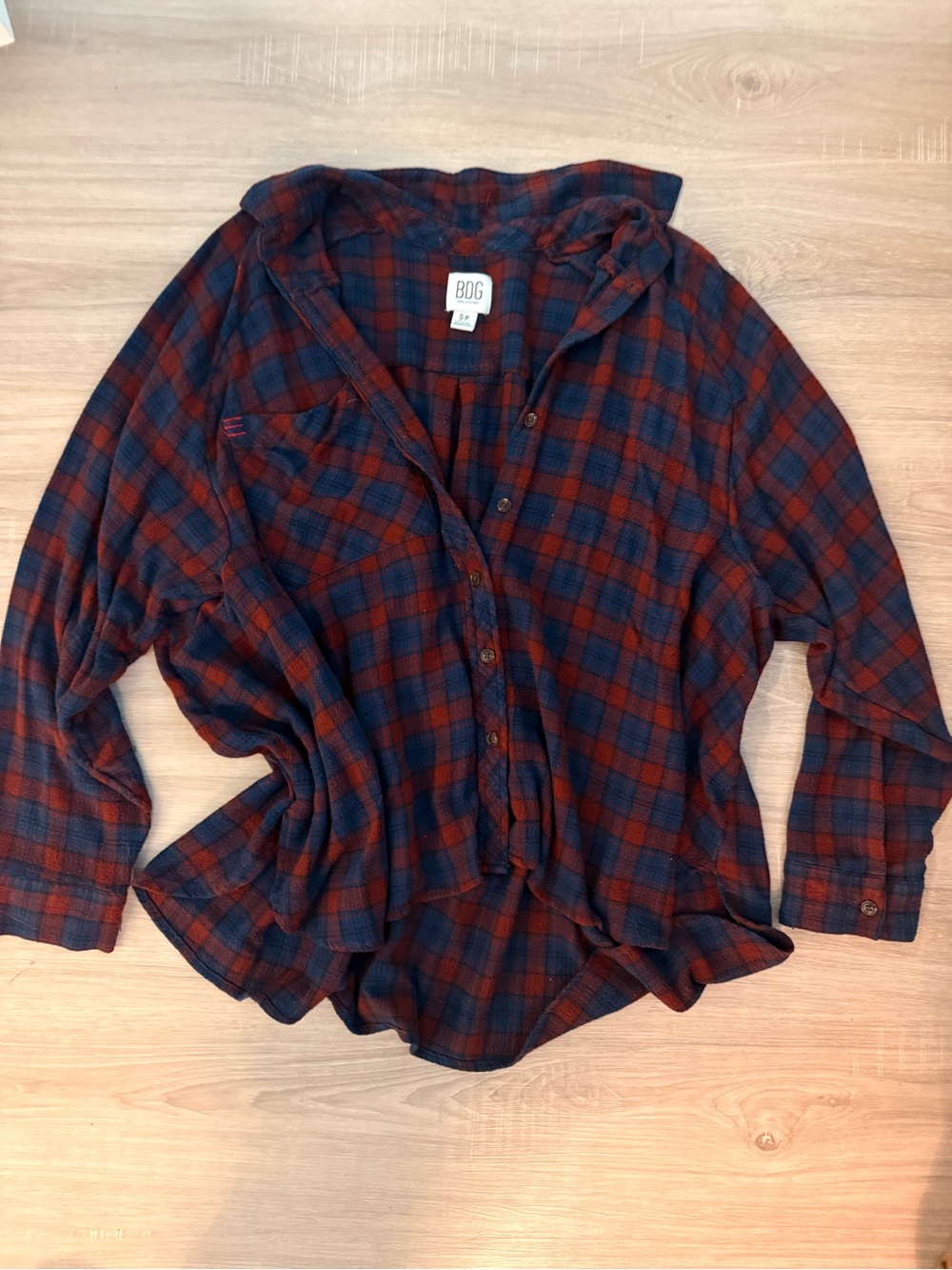 BDG Red and Navy Plaid Lightweight Button Shirt